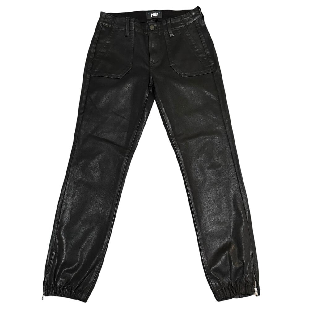 PAIGE Mayslie Jogger Pants Coated Denim Ankle Length Black Fog Edgy Alt Size 26